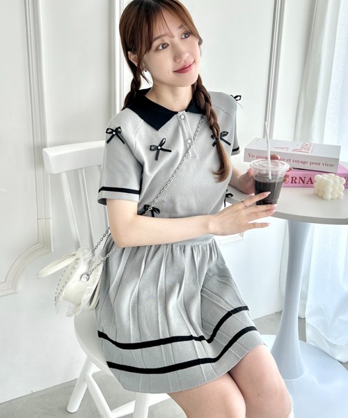 Loueme セットアップ メニーリボンポロ＆ラインスカート