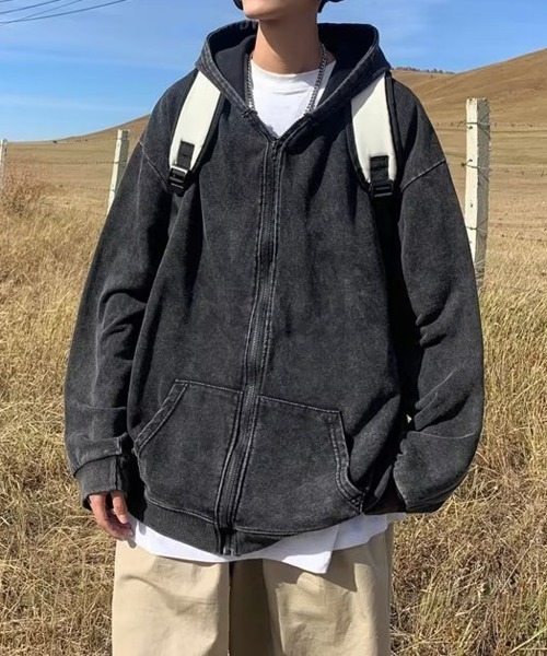 ブラック ジップアップパーカー NEW GENTLEMAN パーカー ブラックアウト ピグメント加工