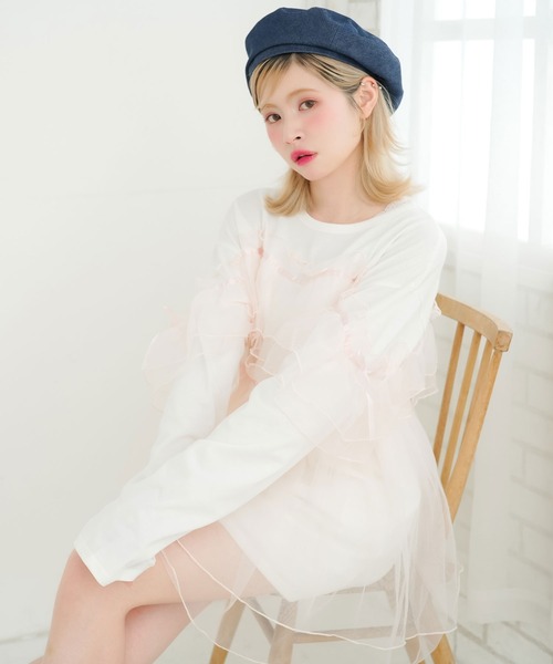 美品tobechic大きいサイズ44♥︎イエローフリルパールリボン袖チュニック DearMyLoveRose tシャツ チュールフリルリボンチュニックロンT
