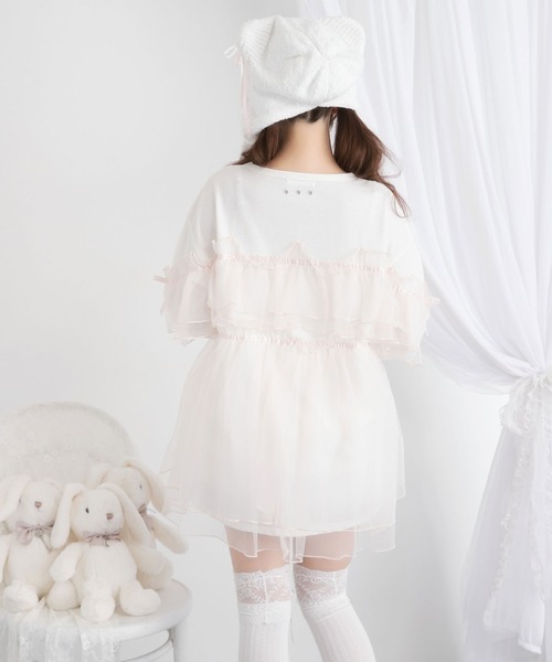 ピンクハウス　チュニックtシャツ チュールレース　重ね着　フリル　リボン ドットチュールレースブラウス｜ピンクハウスオフィシャル