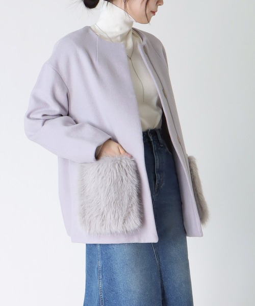 再値下げ　未使用　美品　差し色コート　くすみブルー Jines ノーカラーコート コート フェイクファーポケットノー