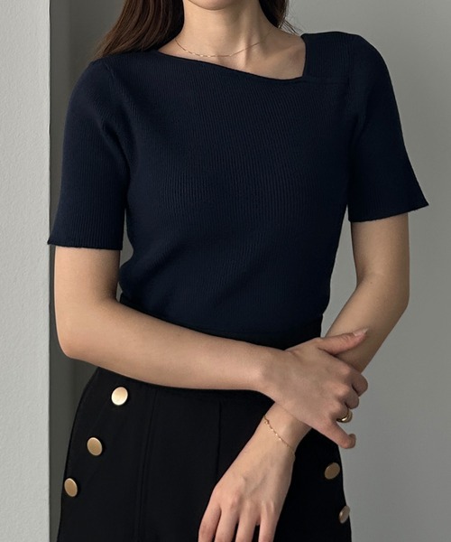 Louere ニット セーター アシメネック半袖リブニット レディース