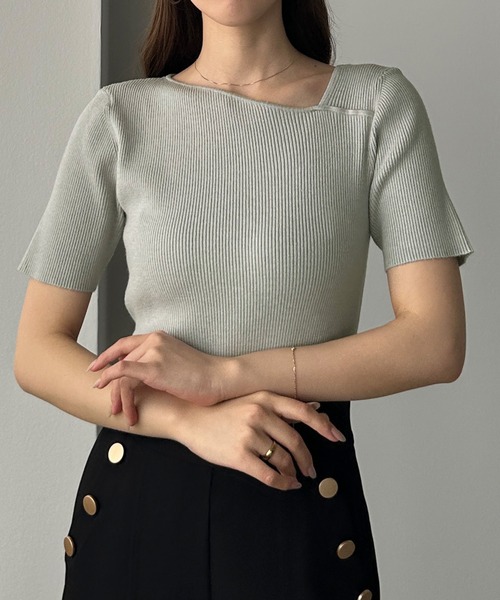 Louere ニット セーター アシメネック半袖リブニット レディース