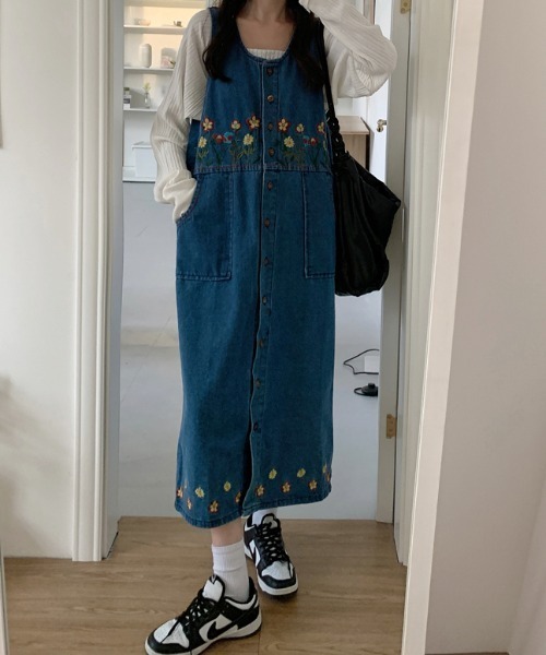 ワンピース ジャンパースカート デニム刺繍ジャンパースカート レディース 