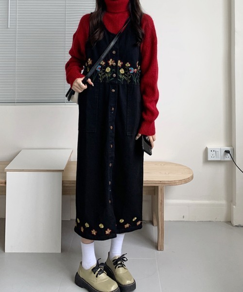 ワンピース ジャンパースカート デニム刺繍ジャンパースカート レディース 