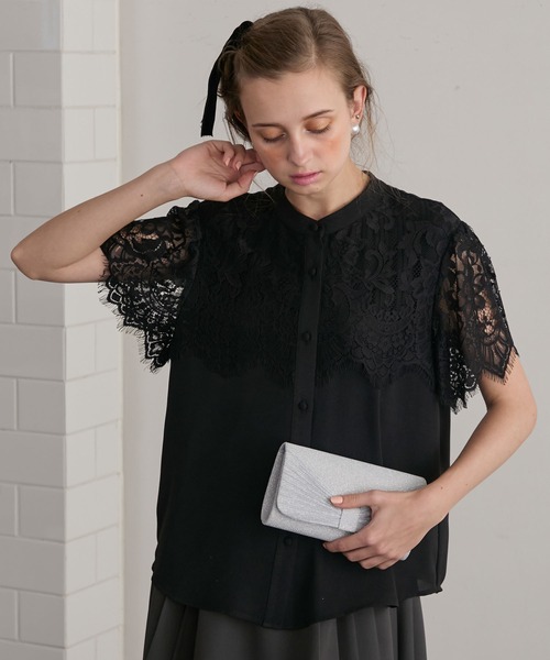 【美品】23SS CHIGNON　シニヨン　総レース ブラウス 黒 バンドカラー BONLECILL noir ブラウス シャツ 「BONLECILL noir」レース