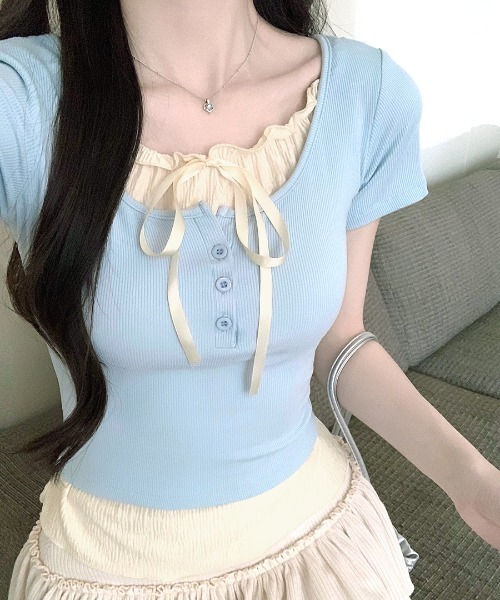 REMUR tシャツ 半袖 フェイクレイヤード胸リボントップス 半袖