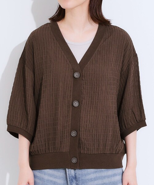 ダークブラウン 五分袖 カーディガン SHOO・LA・RUE カーディガン 「S-LL」ふわっとしたフォルムが魅力 V