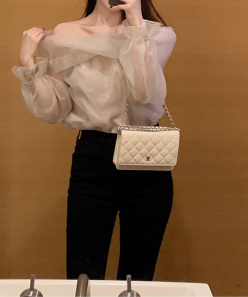 tシャツ オーガンジーオフショルダートップス レディース