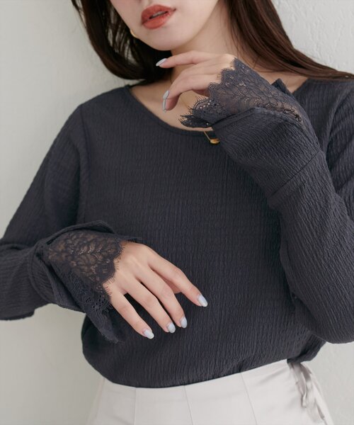 ♣♦新品未使用！日本製黒無地ニットレース切り替えカットソー natural couture tシャツ 「WEB限定」レース袖切り替えカットソー