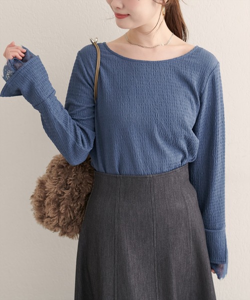 カラー レース切替 Tシャツ カットソードッキング 1 グレー ネイビー natural couture tシャツ 「WEB限定」レース袖切り替えカットソー