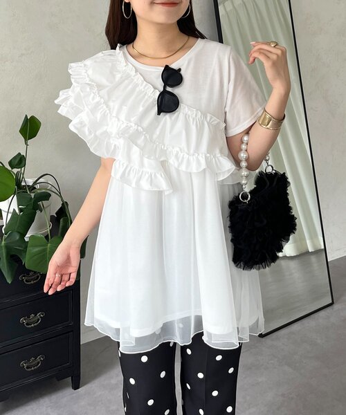 tシャツ ななめフリルチュールドッキングペプラムTシャツ レディース