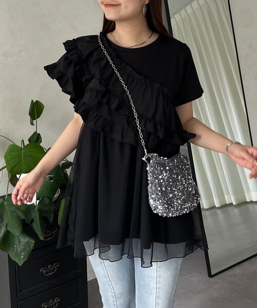 prose verse tシャツ ななめフリルチュールドッキングペプラムT