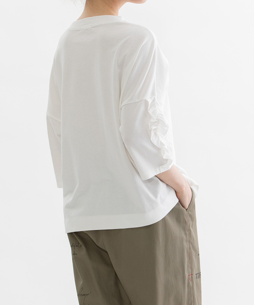 ホワイト フリル袖 Tシャツ セットアップ nop de nod（ノップドゥノッド） tシャツ コットンフリル6分袖Tシャツ