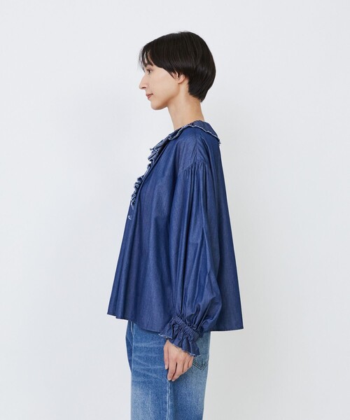 LOISIR ブラウス シャツ ライトデニムフリルデザインブラウス
