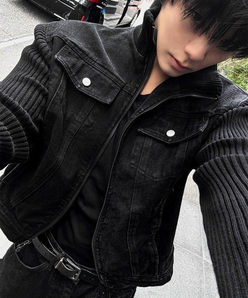 COSYHARU（コシハル） ブルゾン アウター ブラックデニム+ニットコンビ