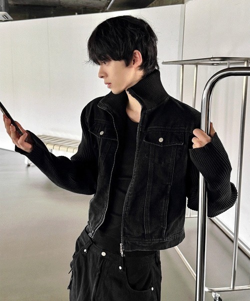 COSYHARU（コシハル） ブルゾン アウター ブラックデニム+ニットコンビ