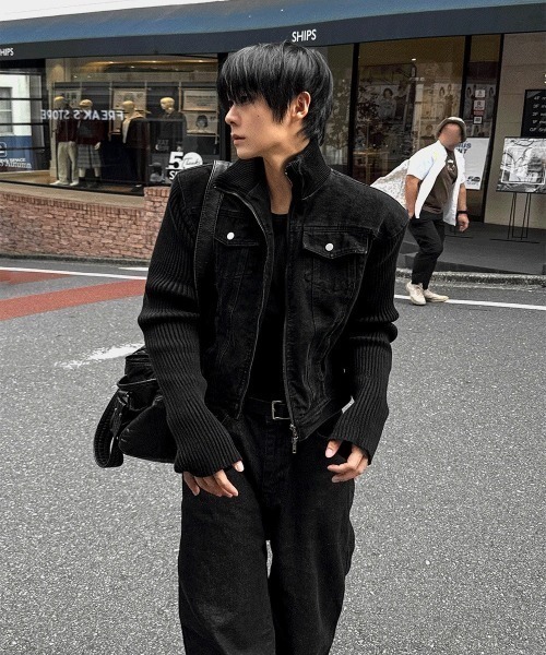 COSYHARU（コシハル） ブルゾン アウター ブラックデニム+ニットコンビ