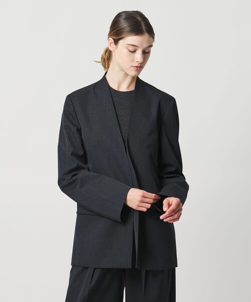 定価75900円　LOEFF ノーカラー ウール テーラード　ジャケット グレー クーポン対象】LOEFF ロエフ 高密度 ウール ギャバ ノーカラー