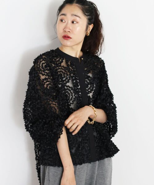 ルネ シャツ ブラウス 麻 リネン 9 黒 ブラック 長袖 花柄 レース /GP セール】 【OUTLET】花柄レースブラウス （シャツ・ブラウス