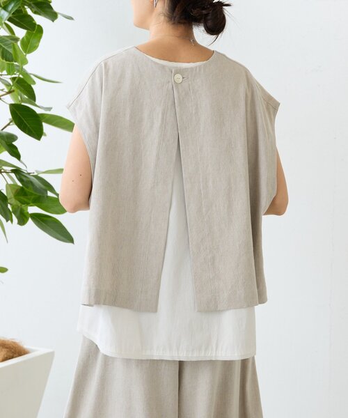 ブラウス シャツ リネンショートベスト レディースの画像
