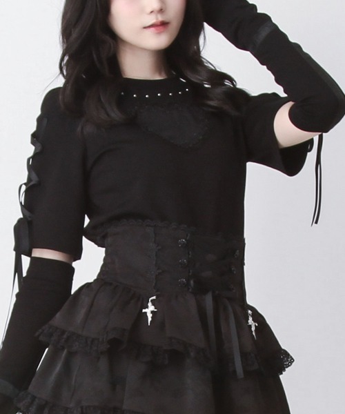 DearMyLove tシャツ バラレースハート十字架刺レースアップアーム