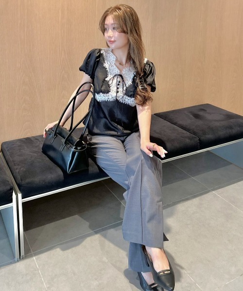 LILY BROWN（リリーブラウン） tシャツ 半袖 ヴィンテージレースサテン