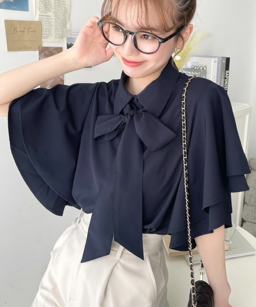 新品未使用【ノーリーズ】ボウタイ風　取り外し半袖ブラウス　38サイズ NOLLEY'S（ノーリーズ）の「ボウタイ風取り外し半袖ブラウス