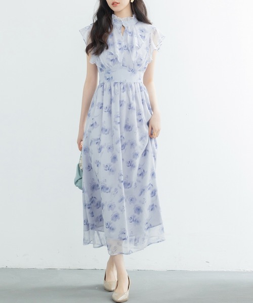 ワンピース 花柄 ケーキスカート シフォン エレガント ミモレ丈 SAISON DE PAPILLON｜花柄シフォン生地ミモレ丈ワンピース