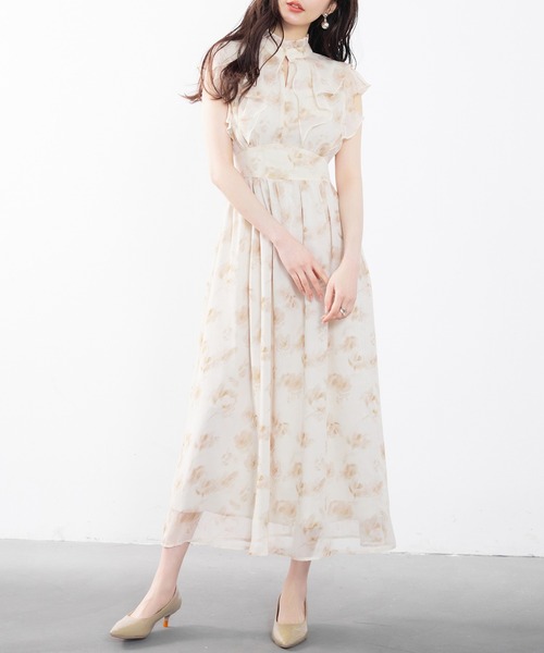 SAISON DE PAPILLON ワンピース 花柄シフォン生地ミモレ丈