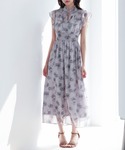 ワンピース 花柄シフォン生地ミモレ丈ワンピースの詳細画像1