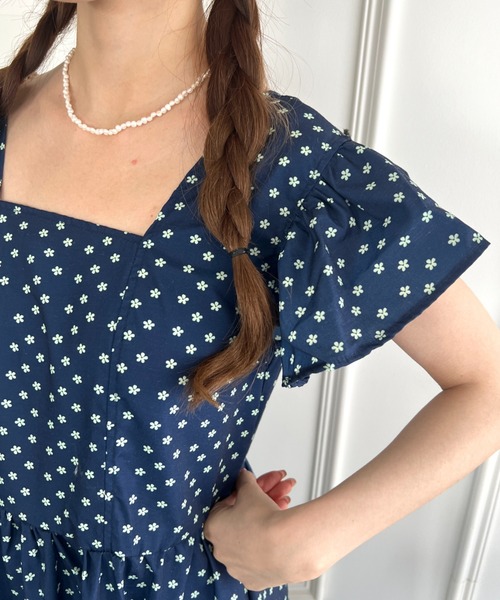Loueme ワンピース 夏 半袖 フリルスリーブ花柄ロングワンピース