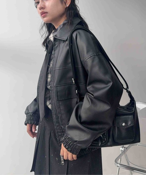 黒レザージャケット ダブルポケット付き AS KNOW AS（アズノゥアズ） ブルゾン アウター ダブルポケット