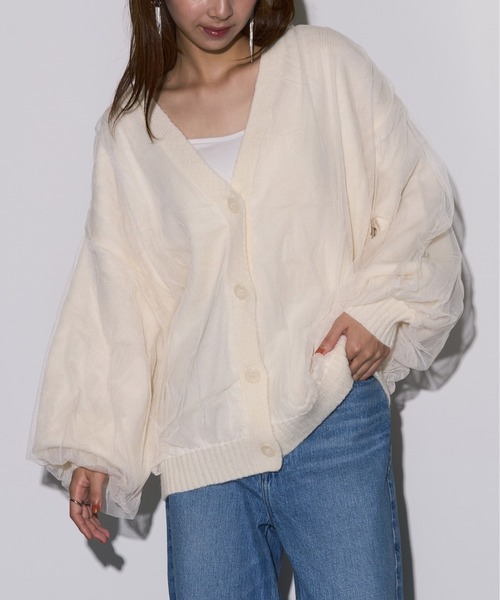 MAISON BREEZE reveur アルパカタッチ ニット チュール ドッキング カーディガン ライトアウター Vネック 長袖 ぽわん袖（ブラッ MAISON BREEZE reveur アルパカタッチ ニット チュール