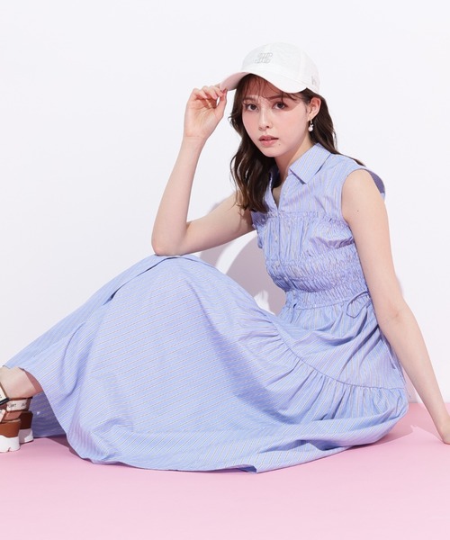 デニムドレス サイドシャーリングシャツワンピース ショート丈 SHIPS any: シャーリング デニム ポケット ワンピース ［SHIPS