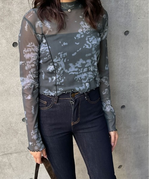 tシャツ ニュアンス柄 シアー メッシュ トップス レディース