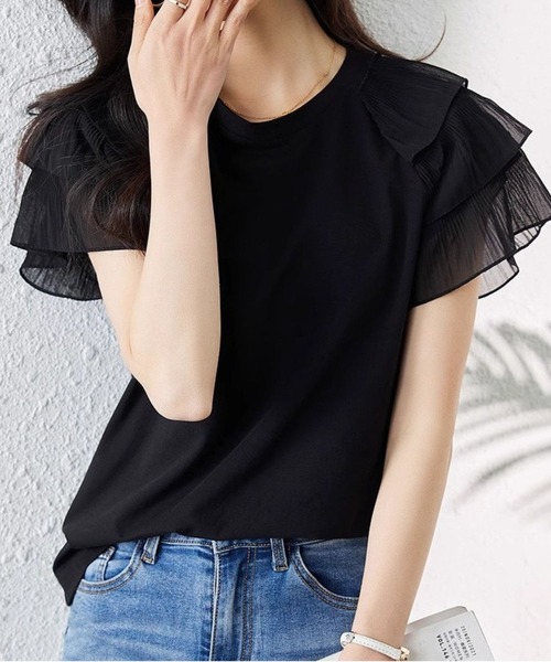 tシャツ シアーティアードスリーブ半袖Tシャツ レディース