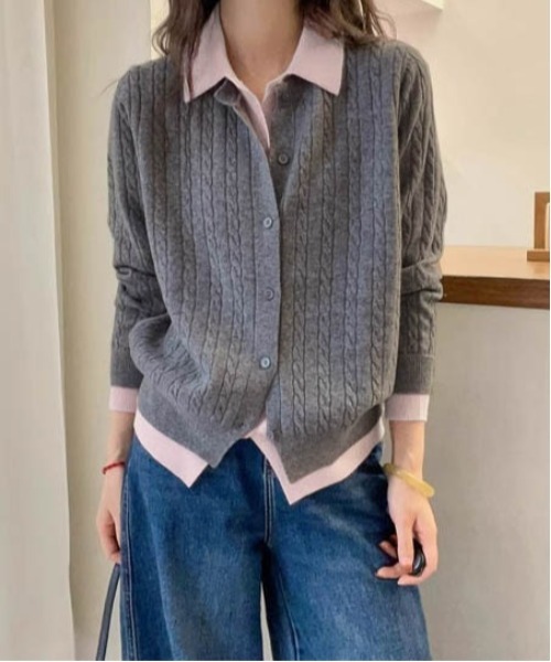 madameH CLOSET / マダムエイチクローゼット | コットン バイカラー ニット カーディガン | 38 | ダークネイビー/ホワイト | レディース madameH CLOSET / マダムエイチクローゼット | コットン バイカラー