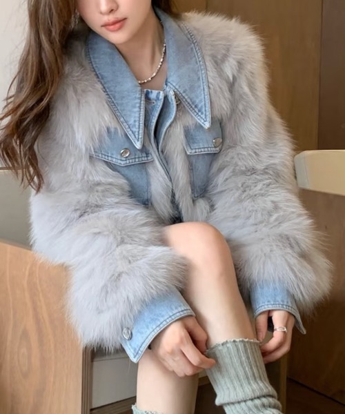 DIAVEL ブルゾン アウター デニム切替ファーショートジャケット