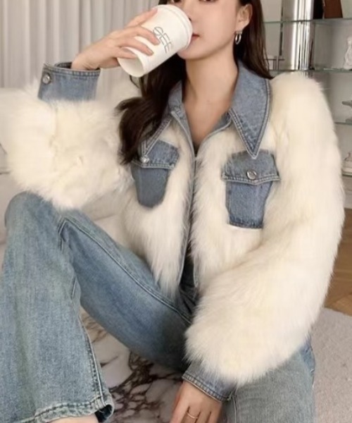 DIAVEL ブルゾン アウター デニム切替ファーショートジャケット