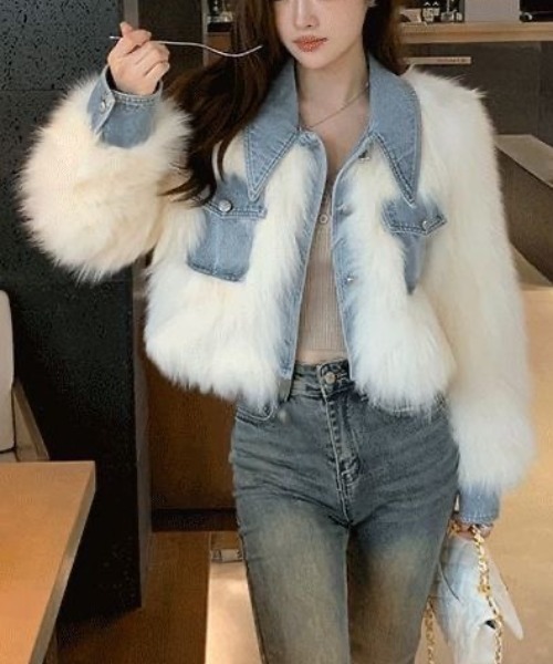 DIAVEL ブルゾン アウター デニム切替ファーショートジャケット