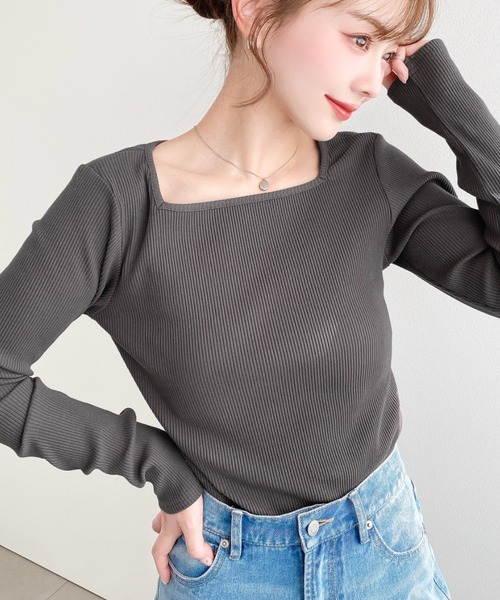 45Rレーストリム スクエアネック 長袖カットソー moment+ tシャツ デコルテスクエアネック長袖リブトップス レディース