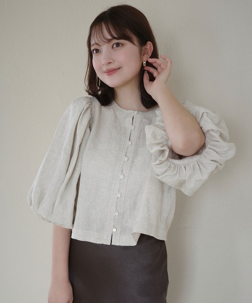 anuans♡スタンドカラーパフスリーブブラウス アニュアンス anuans スタンドカラーパフスリーブブラウス （WHITE