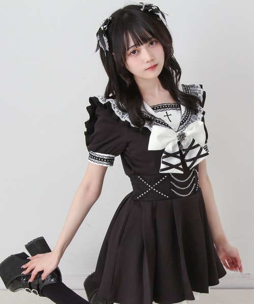 DearMyLove ワンピース 十字架刺クロススタッズチェーンレースアップ