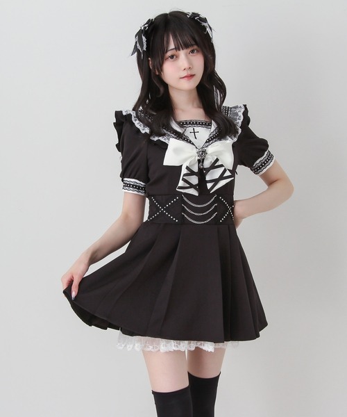 DearMyLove ワンピース 十字架刺クロススタッズチェーンレースアップ