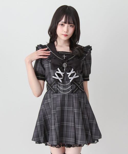 DearMyLove ワンピース 十字架刺クロススタッズチェーンレースアップ