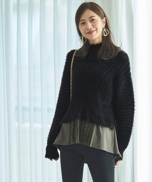 ルイルエブティック RUIRUE BOUTIQUE シャツレイヤード・フェザーヤーンニットトップス （カーキ×ライトグレー） RUIRUE BOUTIQUE ニット セーター シャツレイヤード・フェザー