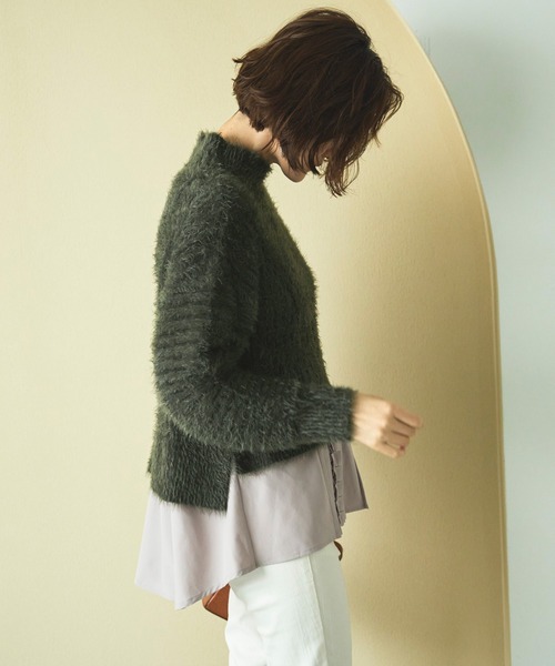 ルイルエブティック RUIRUE BOUTIQUE シャツレイヤード・フェザーヤーンニットトップス （カーキ×ライトグレー） RUIRUE BOUTIQUE ニット セーター シャツレイヤード・フェザー