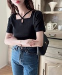 tシャツ 半袖 クロスネックリブトップス レディースの詳細画像1