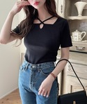 tシャツ 半袖 クロスネックリブトップス レディースの詳細画像2